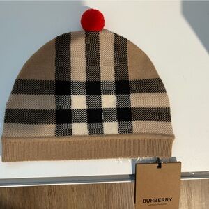 Burberry Kids Beige and Black Plaid Beanie with Red Pom-Pom